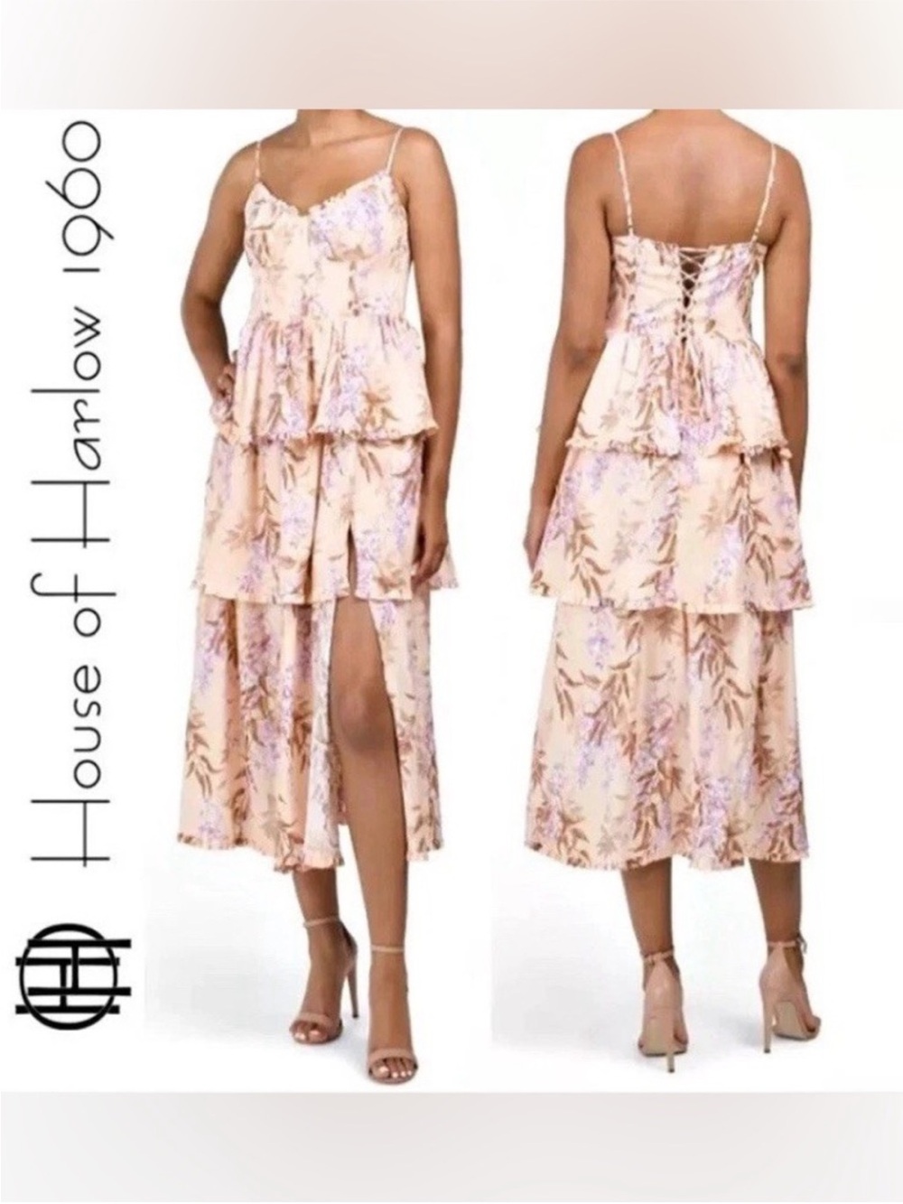 T2) Floral Tiered Spaghetti Strap Dress - Peach with Lavender Print